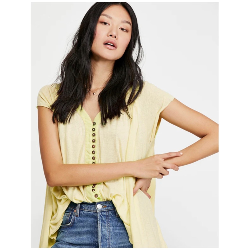 FREE PEOPLE Buttons Down Short Sleeve Light Yellow Tunic